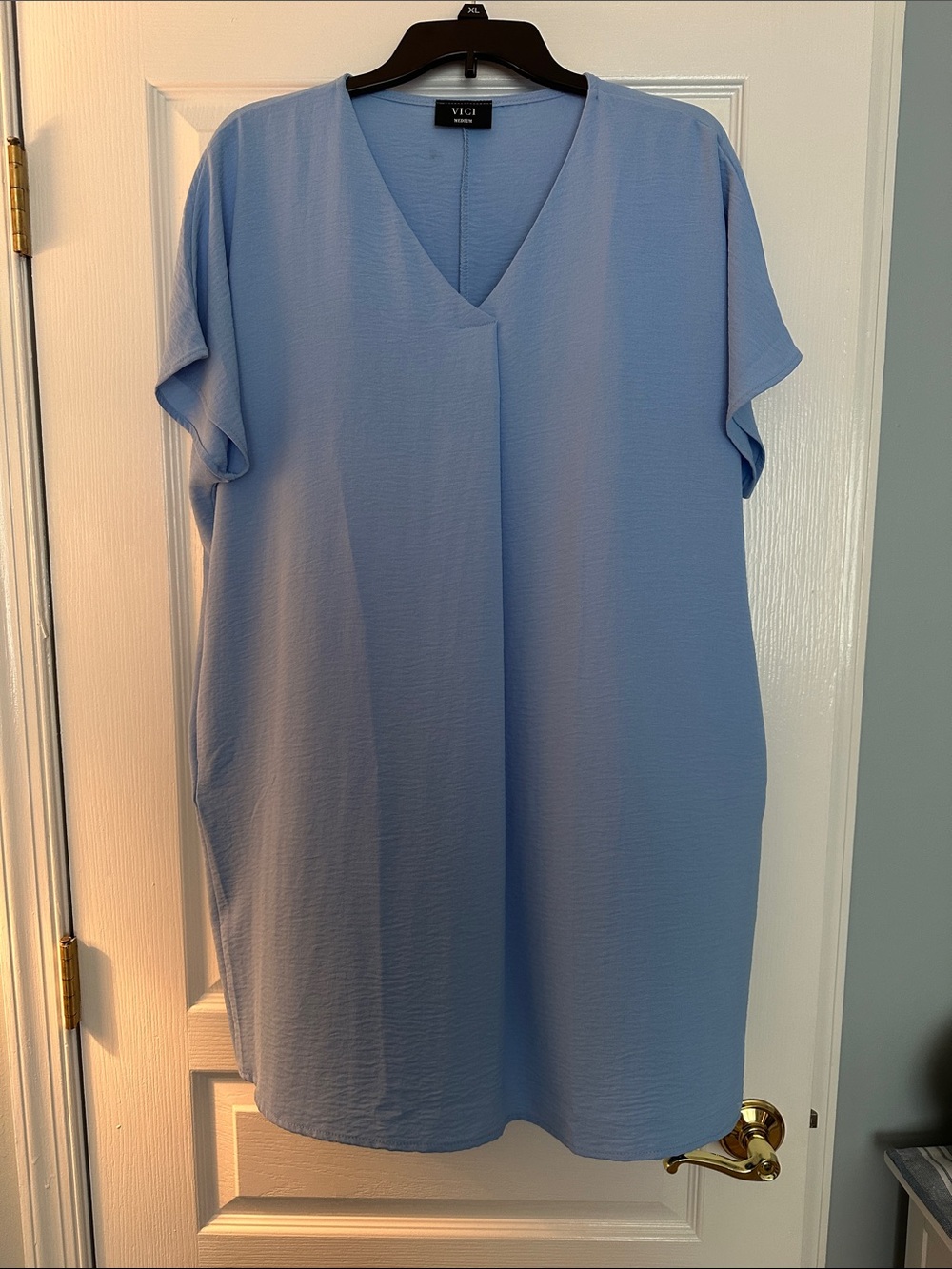 VICI M Blue Textured Shift Mini Dress Coastal V Neck Short Sleeve Dress